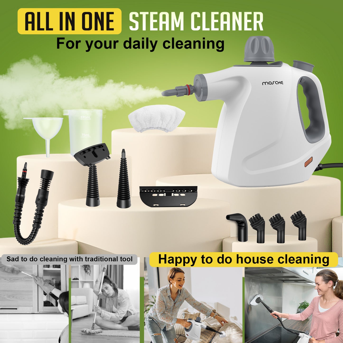 Multi-Surface Handheld Steam Cleaner with 11-Pieces Accessories, 15.2OZ All Natural Pressurized Steamer for Cleaning, Multipurpose Steam Cleaner for Home to Clean Floor , Grout, Tile, Grease and More